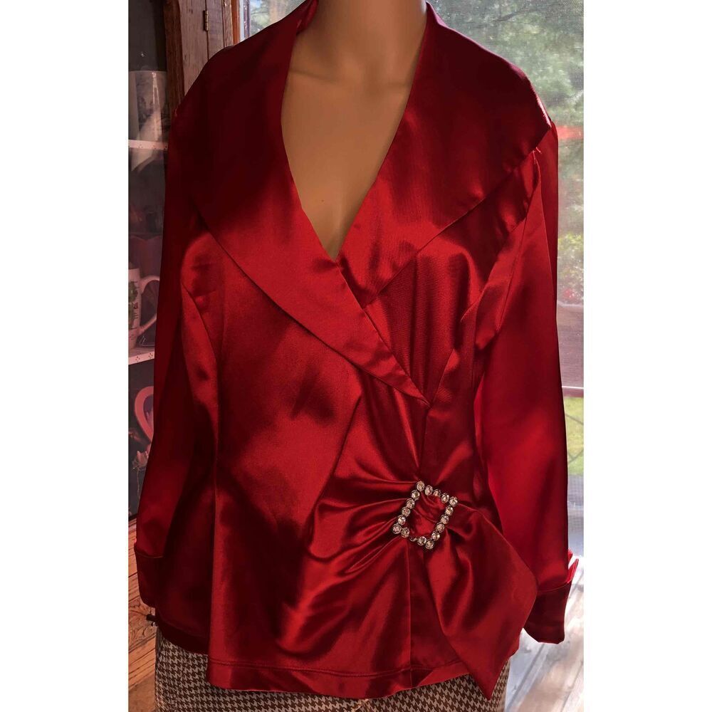 Blu Sage Red Satin Wrap Top Shawl Collar Long Sleeves Decrative Brooch Blouse 14